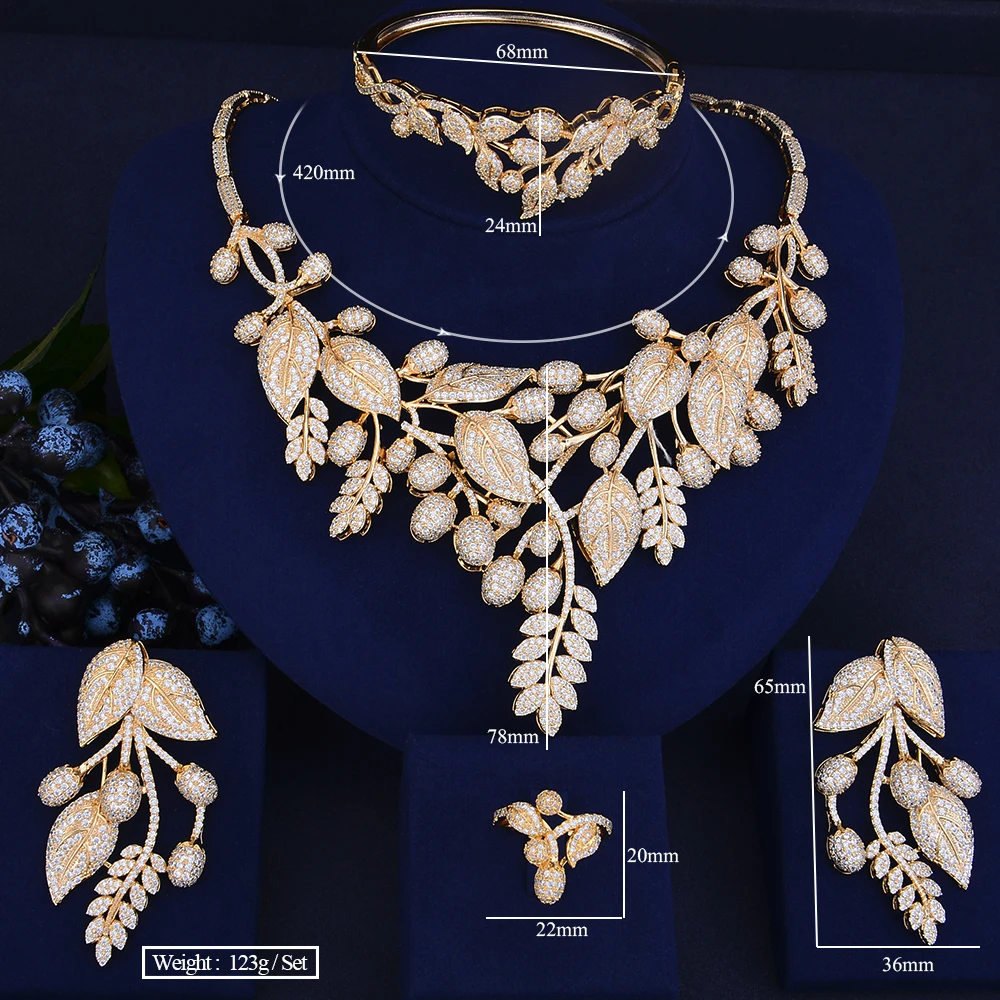 GODKI Hot Sale Gold Plant Shape Necklace Earrings Bracelet Ring Jewelry Set Cubic Zirconia Bridal Wedding Engagement Best Gift