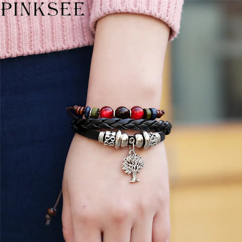 PINKSEE Life Tree Charm Adjustable Leather Cord Braided Bracelet Colorful Beads Decoration Wristband Jewelry | Украшения и