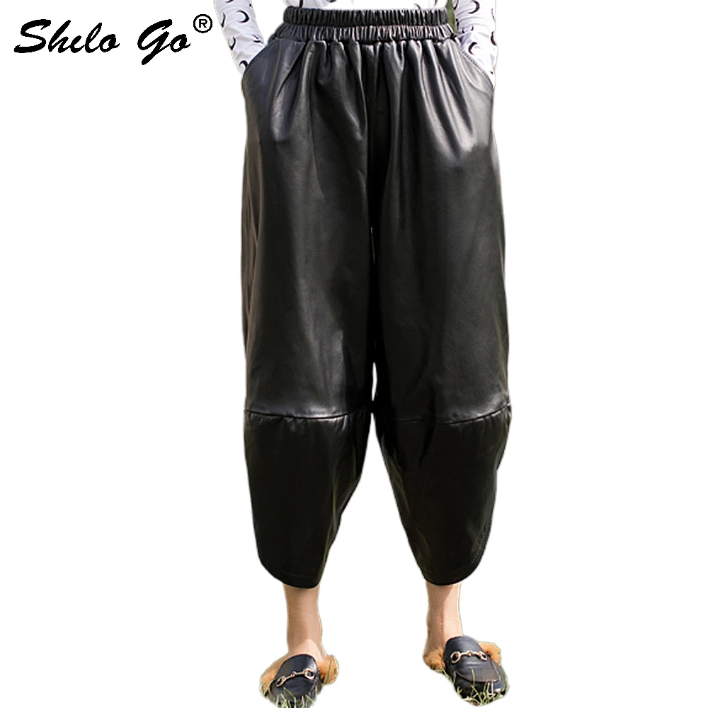 Plus Size Lederen Broek Womens Casual Oversize Loose Hoge Taille Schapenvacht Lederen Harembroek Vrouwelijke Asymmetrie Capri Plus Size Lederen Broek Womens Casual Oversize Loose Hoge Taille Schapenvacht Lederen Harembroek Vrouwelijke Asymmetrie Capri