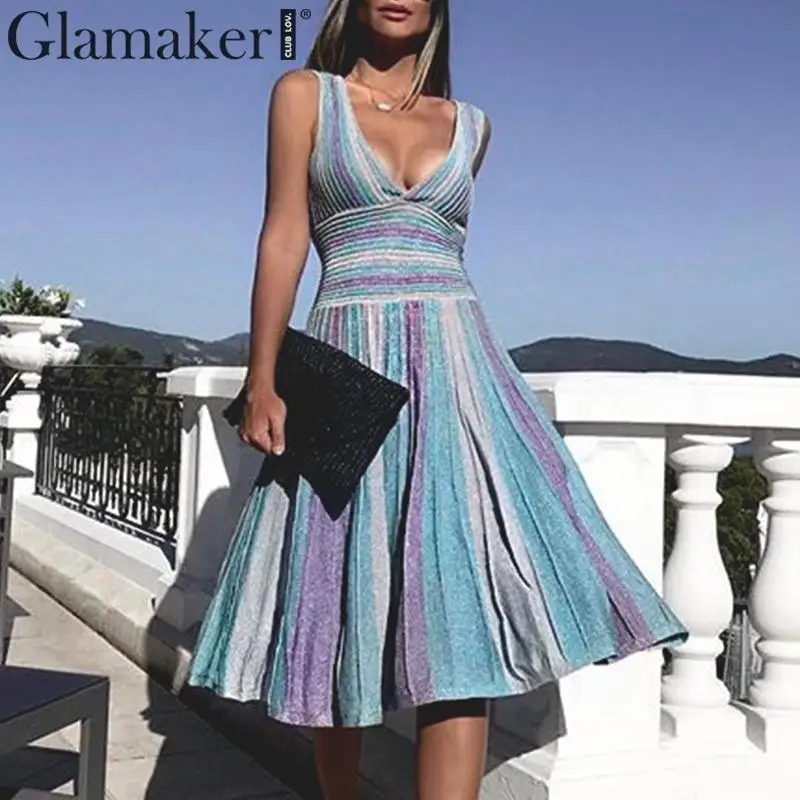 

Glamaker Sexy pleated deep v neck sleeveless long dress Women summer high waist club dress Female striped elegant dress vestidos