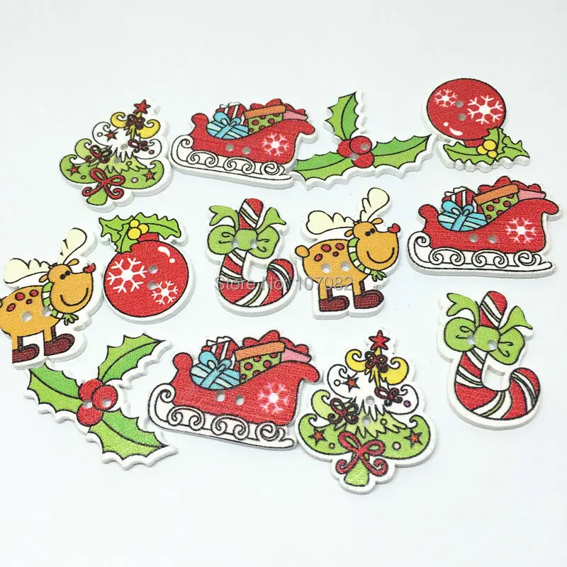 100pcs Random Mixed Wood Christmas Buttons Sewing 2 Holes Xmas Tree