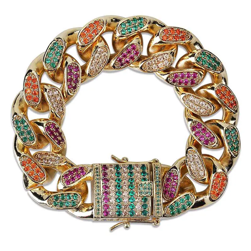 Хип-хоп микро украшенное кубическими камнями Циркон 14 мм 18 мм Радуга кубинская звено цепи браслет для мужчин