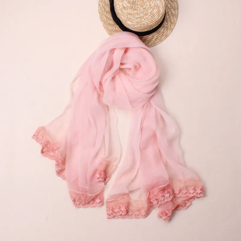 Стиль натурального шелка Твердые шарф с Кружева Градиент высокого качества для женщин