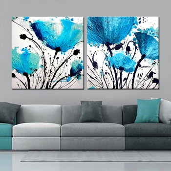 

2 Panel Modern bule Flower Abstract Print Frameless Canvas Art Oil Painting Home Decoration Modular Picture for Living Room Wall
