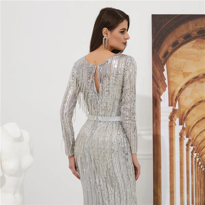 Роскошное Серебряное Вечернее платье с длинными рукавами, v-образный вырез, кисточка, бисер, блестки, Русалка, платье для выпускного вечера, официальное вечернее платье, Robe De Soiree
