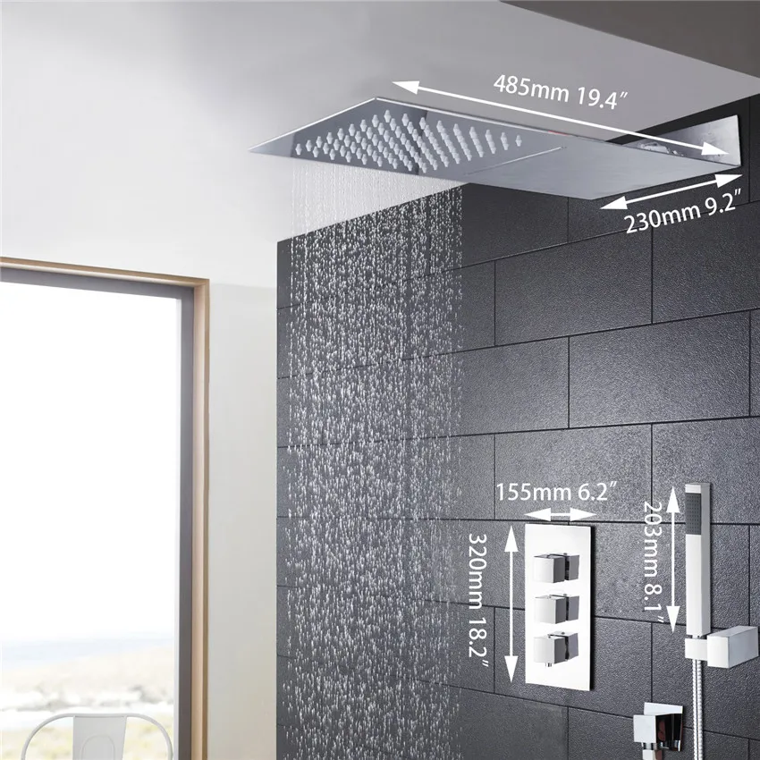 bathroom tow shower way shower faucet set bar shape super thin brass body rainfall head and 3 control valve set