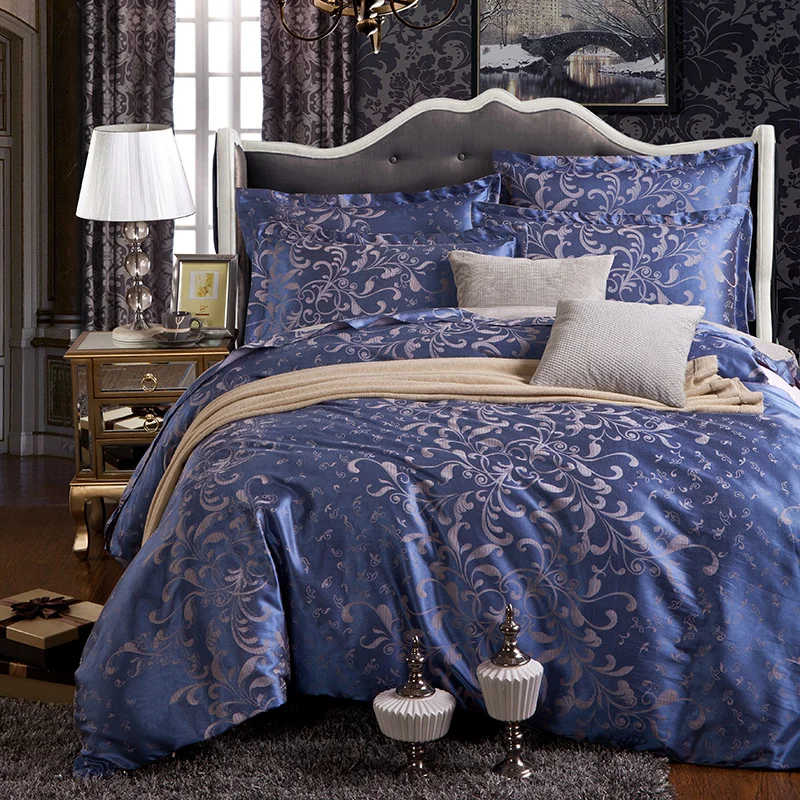 

2016 jacquard lake blue satin 4pcs bedding sets including duvet cover bed sheet pillowcases set twin king queen full size.