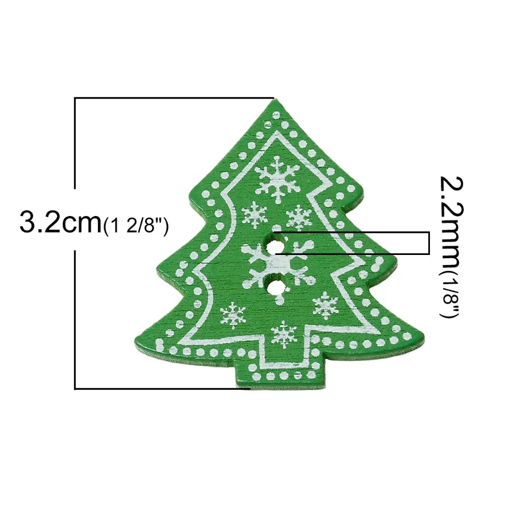 Деревянные пуговицы для шитья скрапбукинга Рождественская Елка зеленая Снежинка с двумя отверстиями 3,2 см(1 2/") х3 см(1 1/8"), 5 шт
