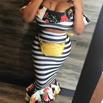 

Sexy Striped Crop Top Mermaid Skirts Suit Two Piece Set Ruffles Women Spaghetti Strap Backless Floral Print Outfits