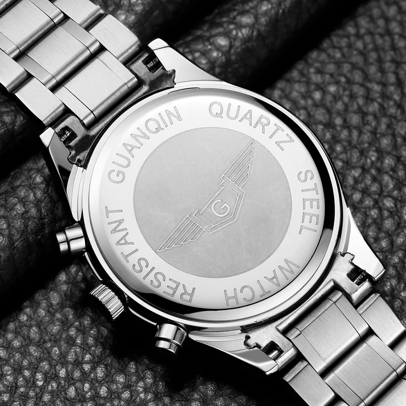 GUANQIN новые спортивные часы Роскошные многофункциональные кварцевые часы для мужчин хронограф календарь светящиеся мужские часы сталь Relogio masculino