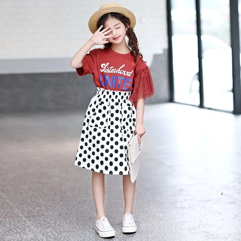 

Clothing Set For Girls Summer Girls Suit Children Clothing 6 8 12 Years Letter Shirt+Dot Skirt 2 Pcs Princess Teen Kids Clothes