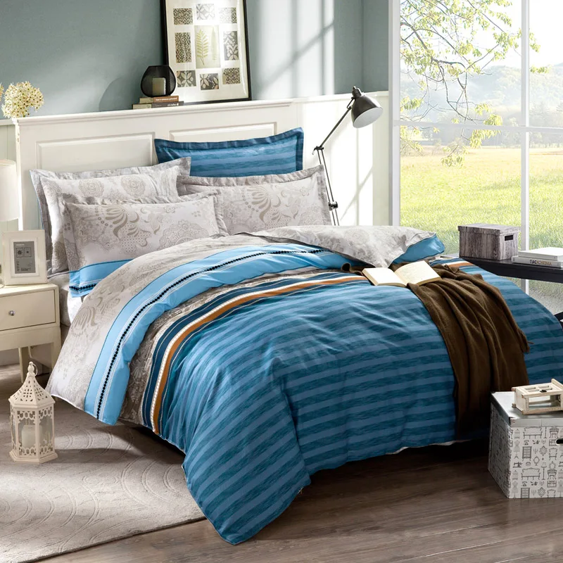 100 Pure Cotton Bedding Sets King Size Blue Stripe Printing Duvet