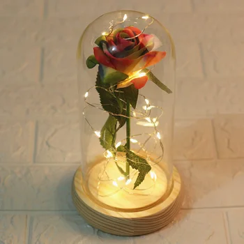 

Rose In Flask Beauty And The Beast LED Red Rose Light In Glass Wooden Base For Wedding Party Gift Artificial Flower Decoration