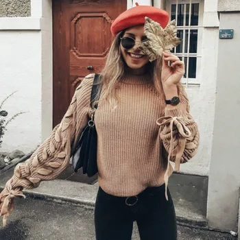 

2019 Women Autumn Bandage Elegant Sweater Casual Slim Jumper Pullover Knitted Tops Lace-up Long Sleeve O-neck Warm Sweater