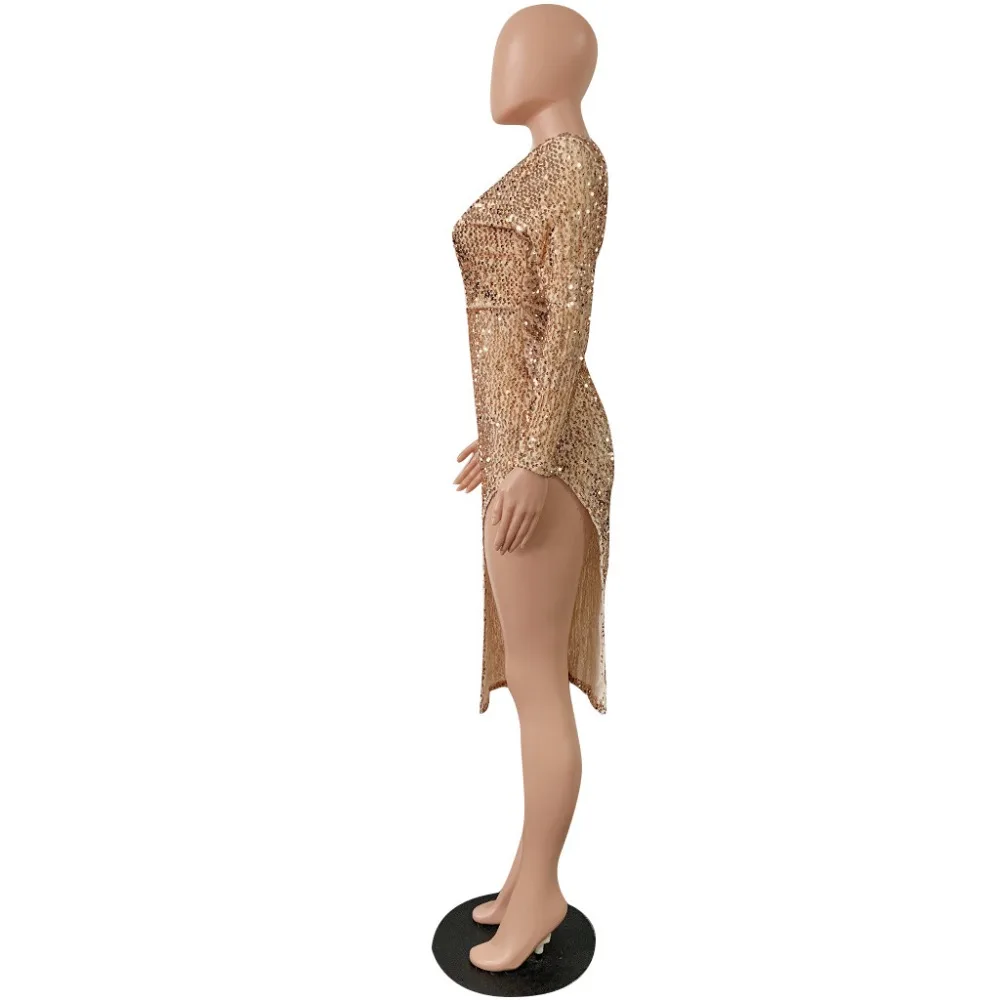 Sexy Sequined dress Women Spring Autumn 2019 long-sleeved V-neck high open banquet dress female hot women Night Club party dress  (13)