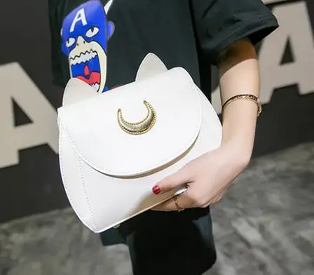 

Sailor Moon leather logo LUNA cat black white chain Hot Fashion Style Cute Design Women Handbag Shoulder Bag