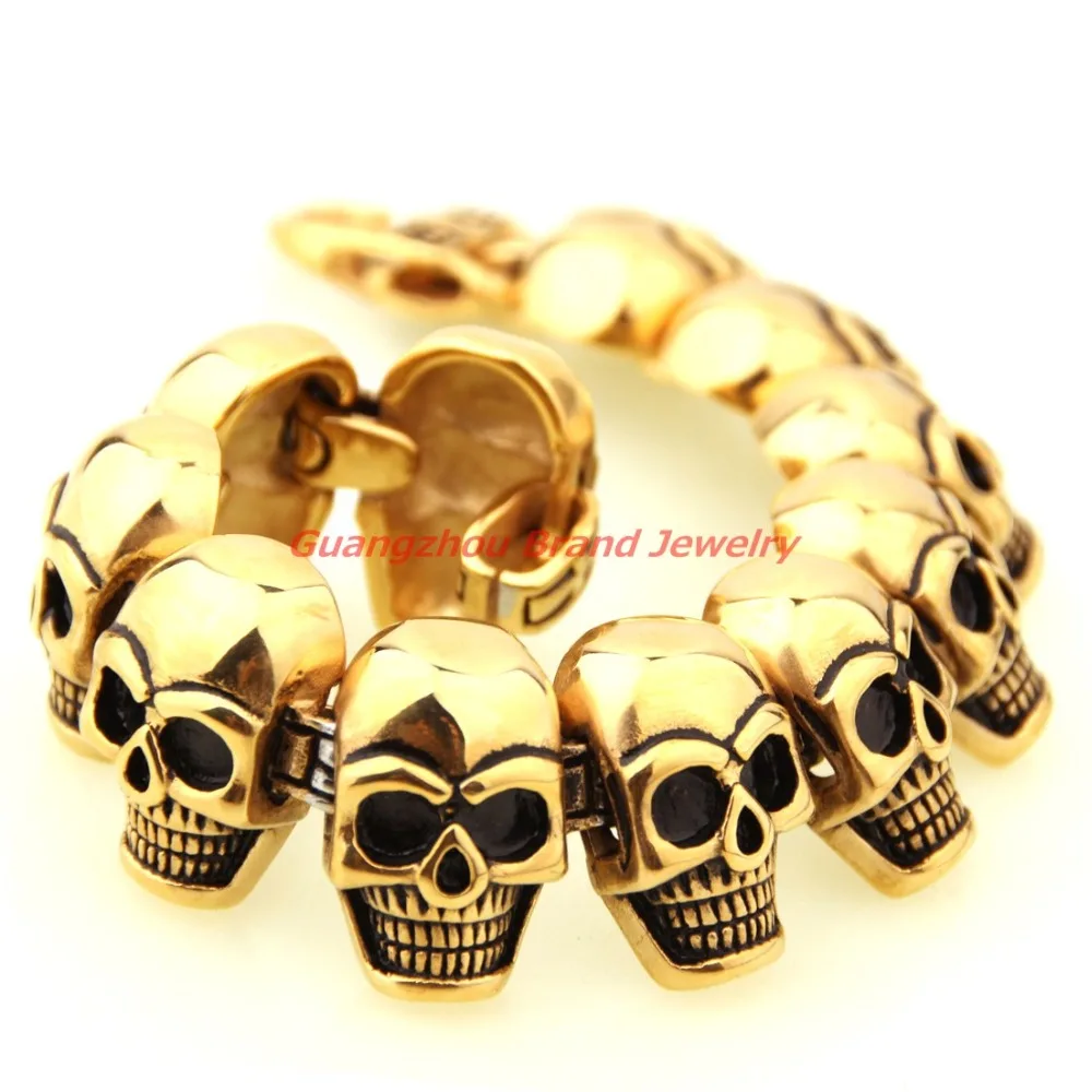 

8.66" *26mm Heavy Boy Bracelet 316L Stainless Steel Skulls heads Gothic Gold Black Men Bracelet For Boyfriend Jewelry Xmas Gift