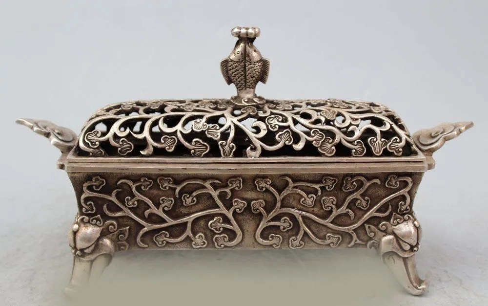 

DS 13" Marked Chinese Silver Fish Beast handle flower Incense Burner Censer