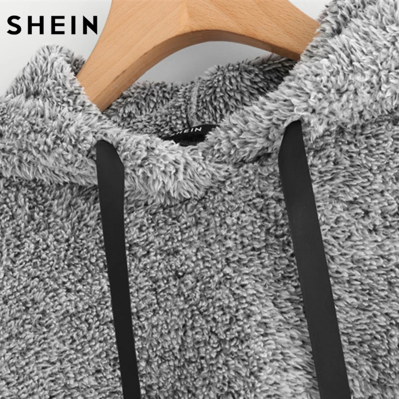 shein faux fur fluffy hoodie herbst winter casual frauen sweatshirts grau  langarm frauen minimalistischen kordelzug pullover