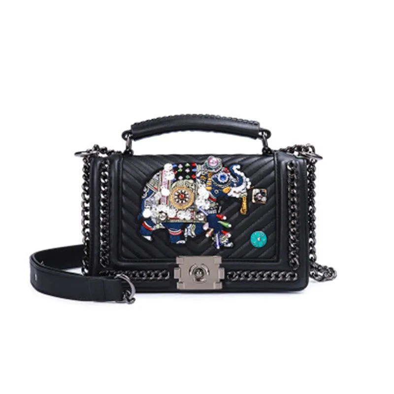

Handbags 2018 spring new embroidered shoulder Messenger bag elephant portable small square package