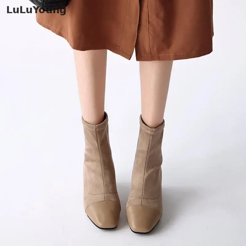 

Womem Elastic Boots Square Toe Block Heel Autumn Medium Heel Booties