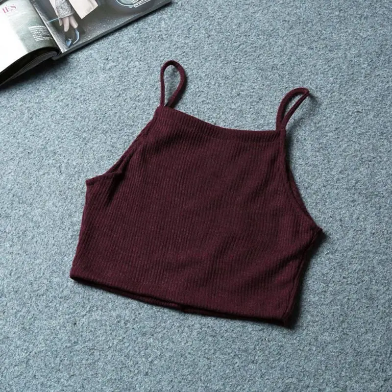 Women Crop Top Summer Elastic Slim Sleeveless Spaghetti Strap Vest Casual Camisole Base Crochet Knit Cropped