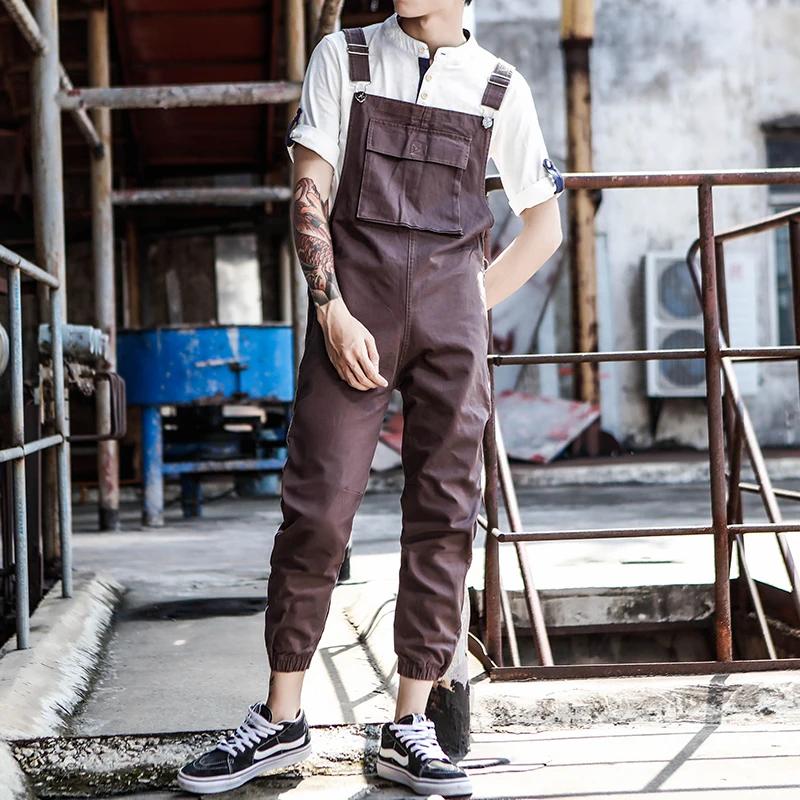 

2019 New Japanese Retro Casual Siamese Suspenders Men's Autumn zipper Design Beam pants Men's Tooling Bib Size S-XL XXL