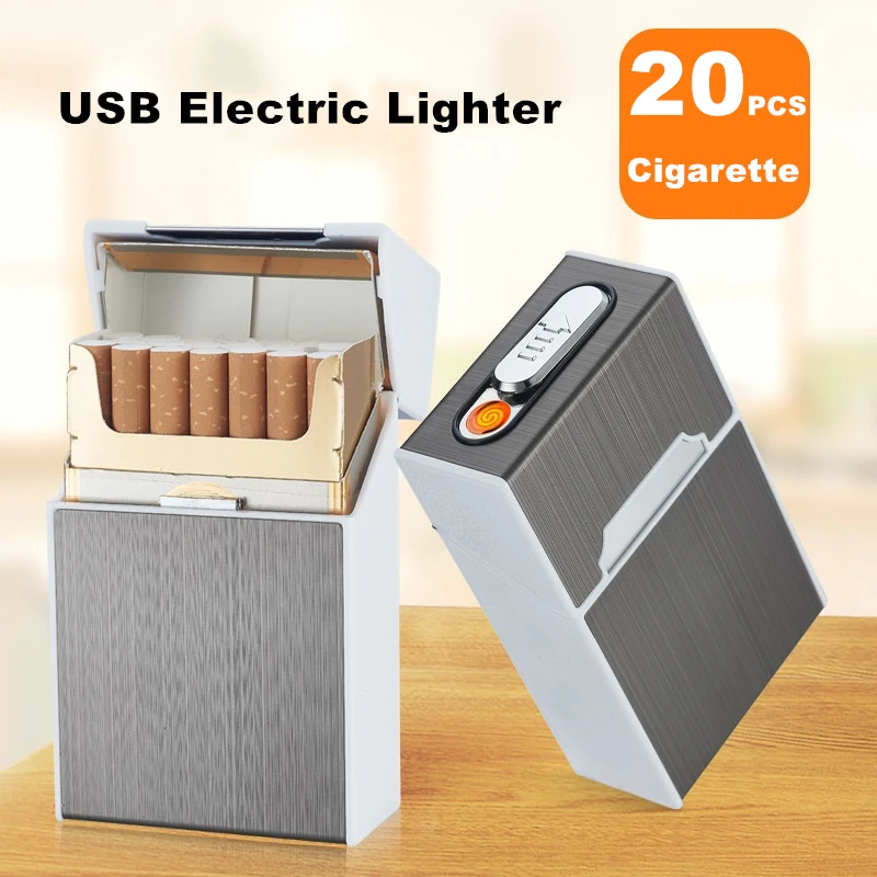 Metal Cigarette Case Box with USB Lighter 20pcs Capacity Waterproof Cigarette Holder Electronic Lighter Electric Gadgets for Men