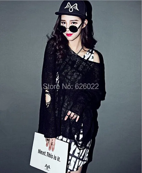 

Sexy Women Loose Hole Sweater Hollow out Asymmetric Hem Loose Knitted V neck Long Sleeve See through Sweater Tops