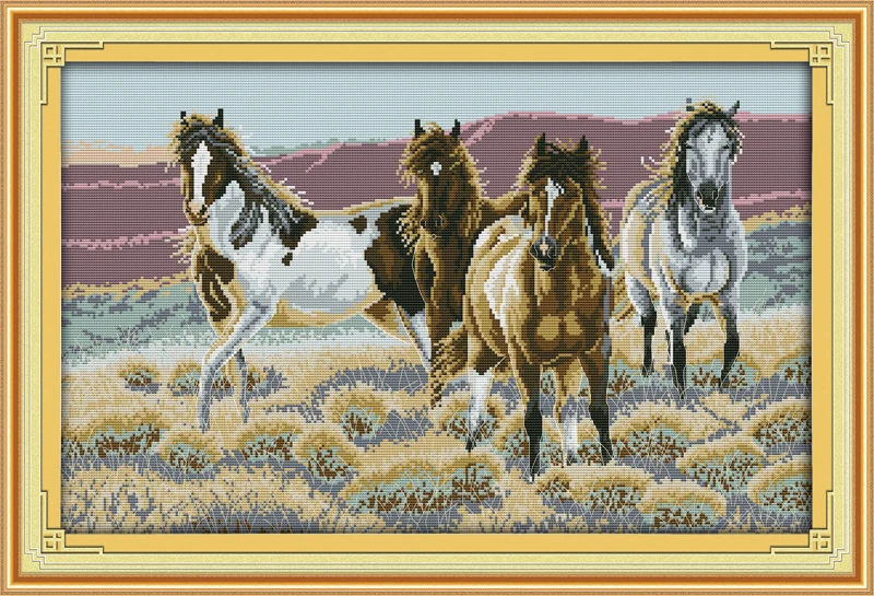 Needlework,diy Cross Stitch,full Embroidery Kit,the Four Horses Cross