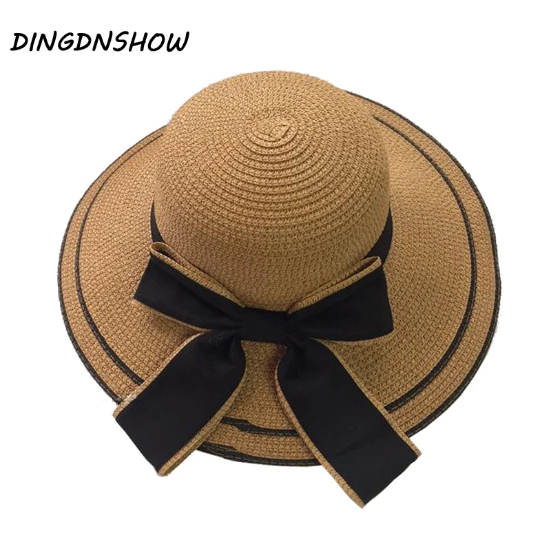 

[DINGDNSHOW] 2019 Brand Sun Hat Adult Summer Cap for Women Bowknot Beach Cap Wide Brim Straw Hat