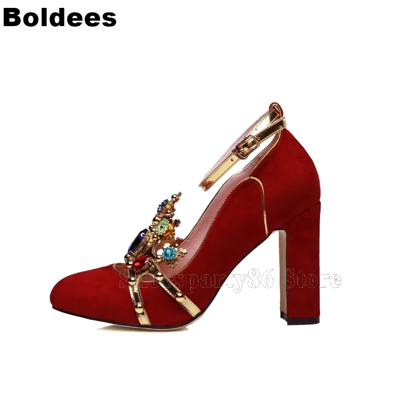 Women Pumps 2019 Red Suede Leather Jewel Gem Decorate Block Heeled Pumps Weddding Party Dress Shoes Zapatos Mujer Plus Size цена Women Pumps 2019 Red Suede Leather Jewel Gem Decorate Block Heeled Pumps Weddding Party Dress Shoes Zapatos Mujer Plus Size цены онлайн