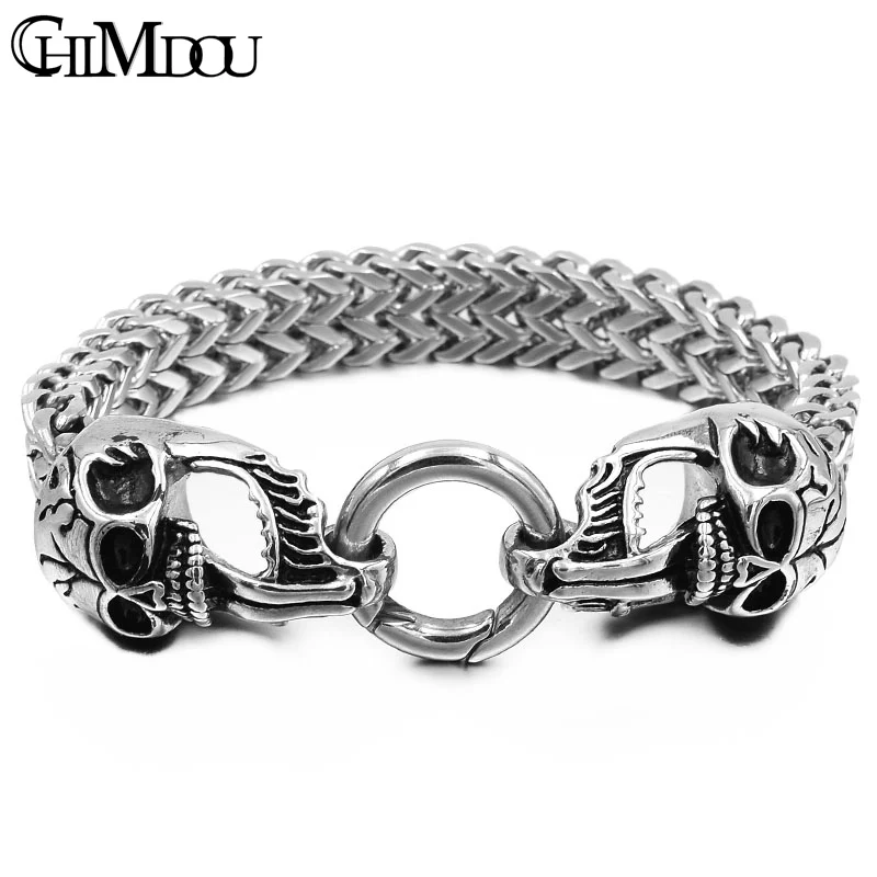 

CHIMDOU Hiphop/Rock Silver Color Mens Chain Link Bracelets 316L Stainless Steel skull Charms Bracelets Bangles AB450