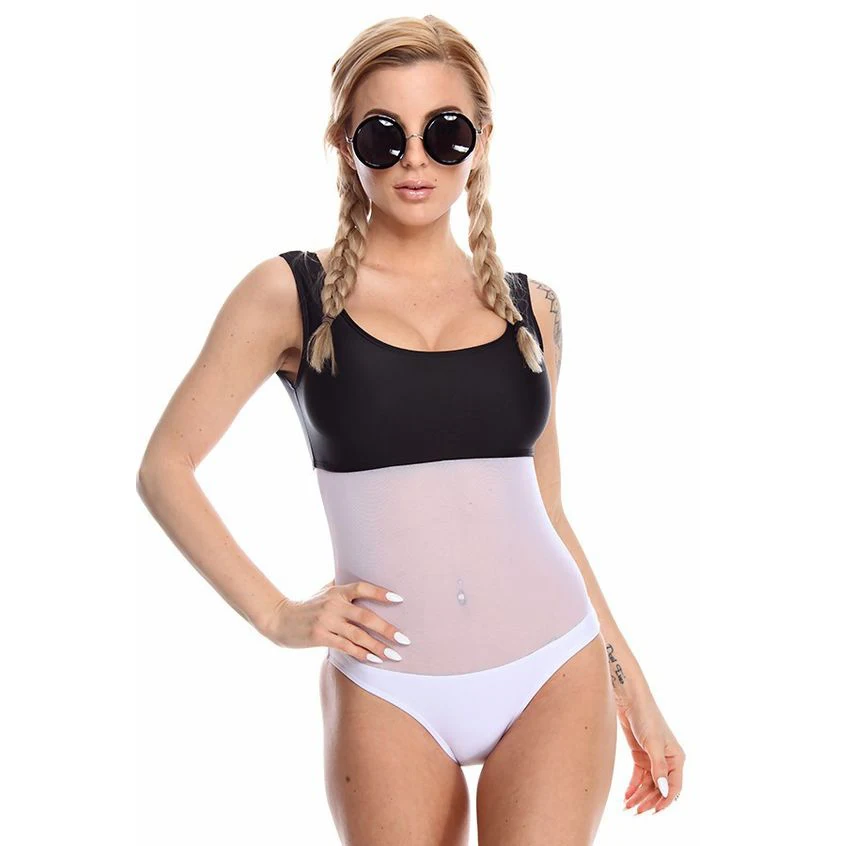 2016 Women Black And White One Piece Swimsuit Bodysuit Sexy Bandage Patchwork See Through Mesh