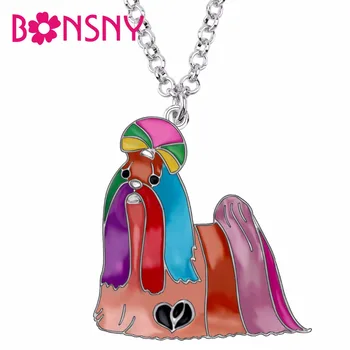 

Bonsny Enamel Alloy Cute Chinese Shih Tzu Dog Necklace Pendant Chain Choker Fashion Animal Pets Jewelry For Women Girls Gift
