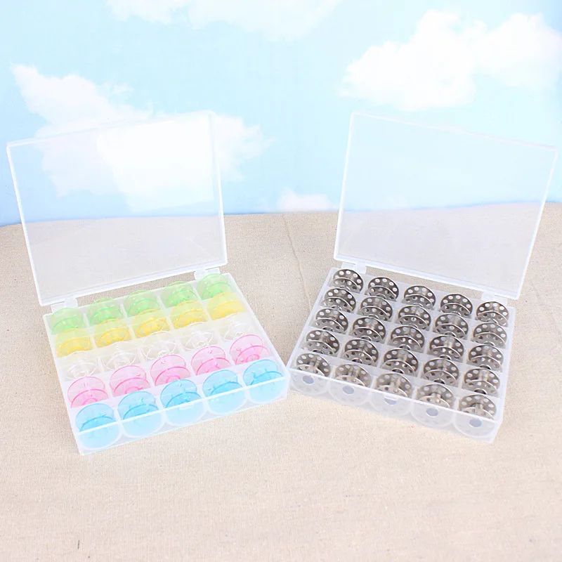 

25Pcs/Set Colorful&Metel-olor 1Storage Box+25Shuttles Spools Sewing Tools Accessory Coil Bobbins Shuttle Fil Sewing Machine New