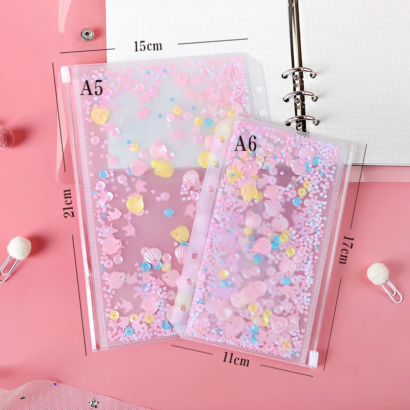 A5 A6 Kawaii's pink shell блестки прозрачный ПВХ свободный лист файл сумка офисные
