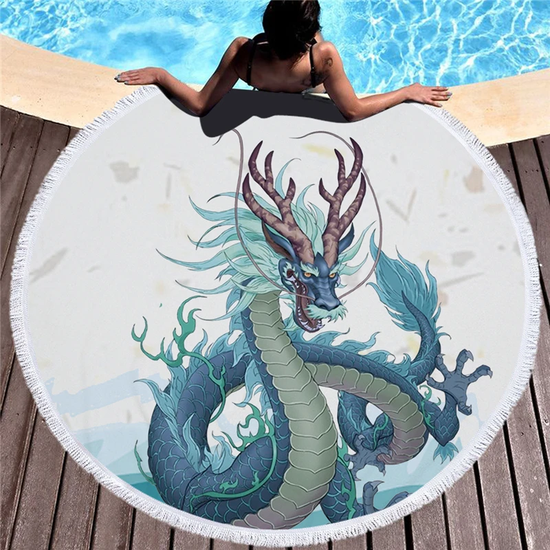 С принтом в виде дракона Круглый Большое пляжное полотенце из микрофибры с бахромой банное полотенце-коврик для йоги декоративное