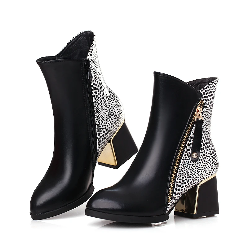 

2017 New spring boots thick heel shoes women boots leopard high heels shoes women motorcycle boots leather botas femininas