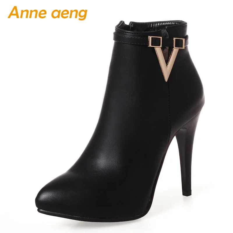 

2019 New Winter Women Ankle Boots High Thin Heel Pointed Toe Metal Decoration Zipper Sexy Women Shoes Black Short Boots Big Size