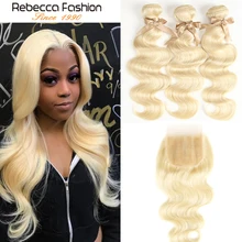 Rebecca Fashion-extensiones de cabello humano brasileño ondulado con cierre, 613 mechones rubio con cierre, 3 mechones