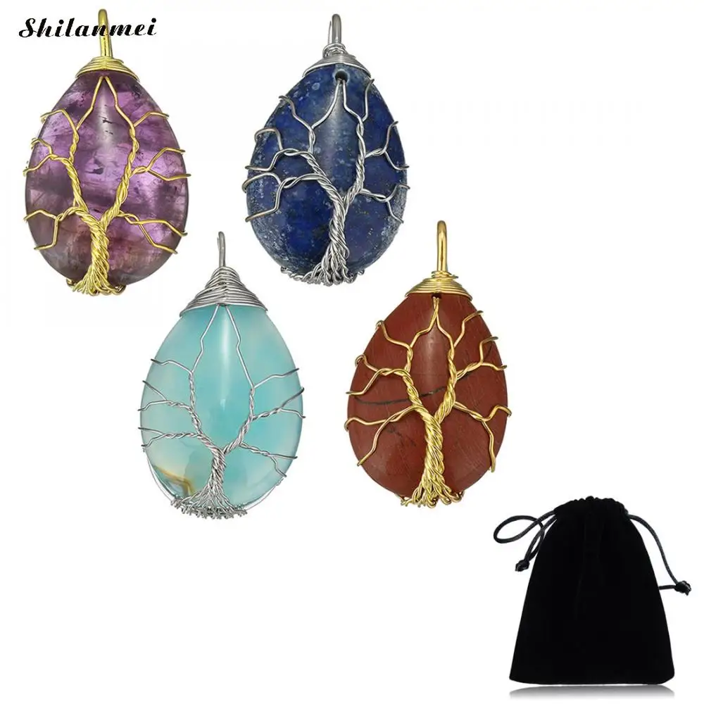 

Gold Color Wire Wrap Tree of Life Natural Gem Stone Necklaces Pendants Green Aventurine Pink Quartz Chakra Reiki