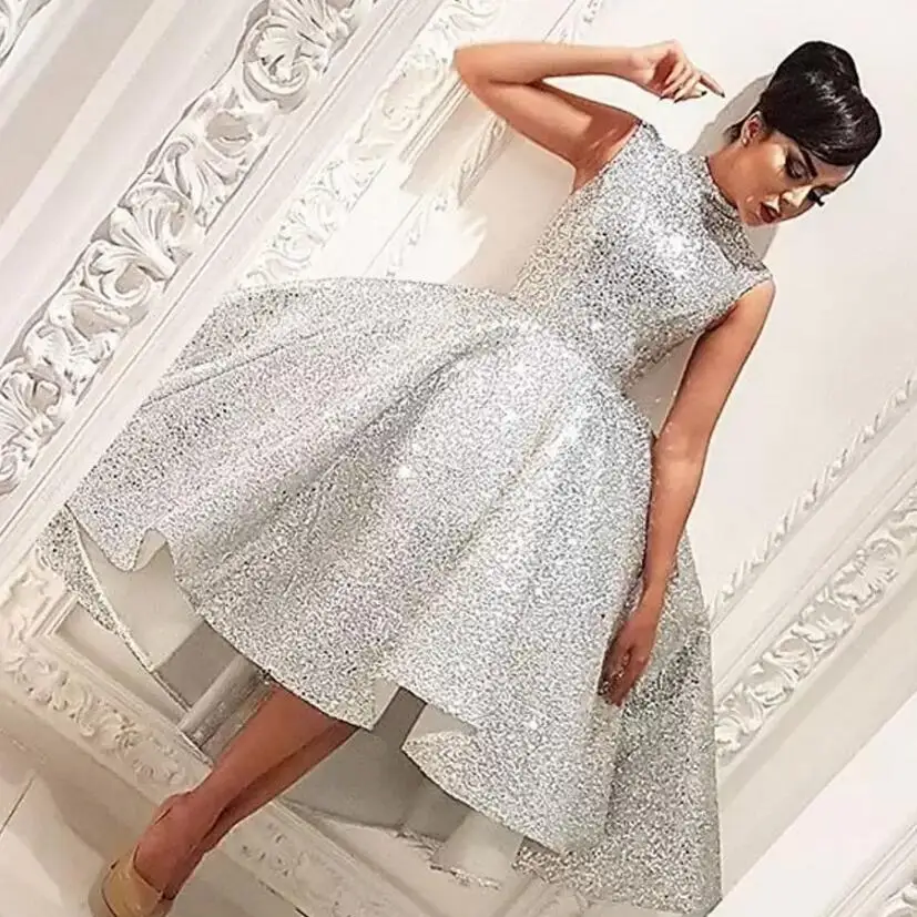 Sexy Silver High Collar Sleeveless Bling Bling Short Front Long Back 2017 Cheap Arabic Prom Dresses