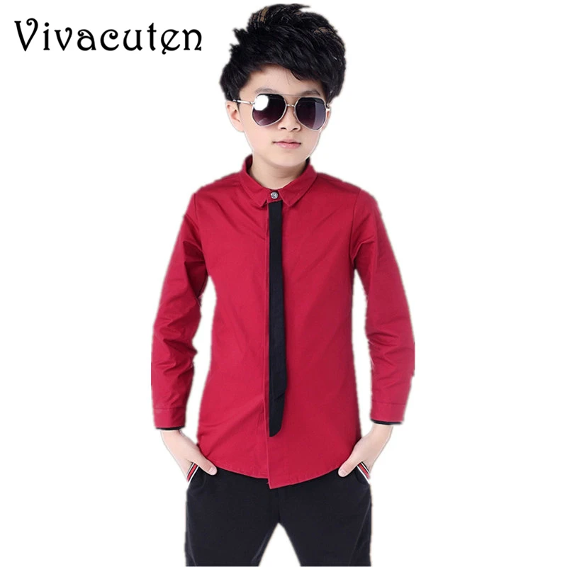 Boys Formal Solid Cotton Dress Shirt with Necktie Brand Kids Boy England Style Wedding Shirts