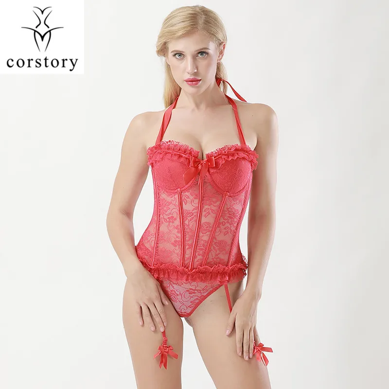 

Corstory Red Lace Halter Overbust Corsets And Bustier Slimming Bridal lingerie Sexy Lace up Ribbon Lingerie Corset Tops