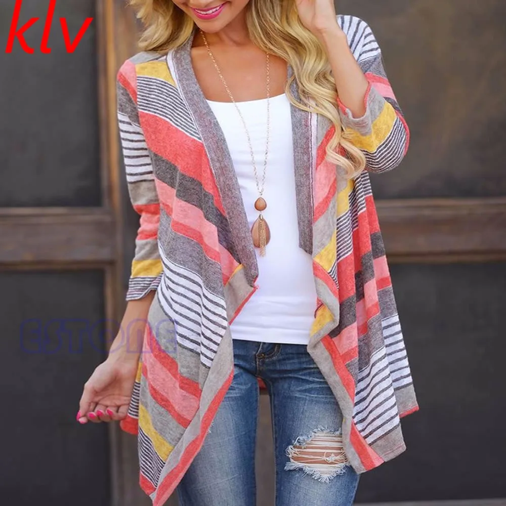 

KLV Women Long Sleeve Cardigan V-Necked Striped Knitted Mixed Color Loose Sweater Outwear Knitted Jacket Coat Tops Femme Cardiga