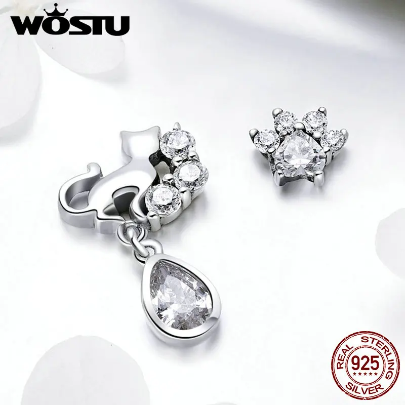 WOSTU, высокое качество, 925 пробы, серебро, милый кот, прозрачный кристалл, серьги-гвоздики для женщин, серебряные ювелирные изделия, подарок FIE424