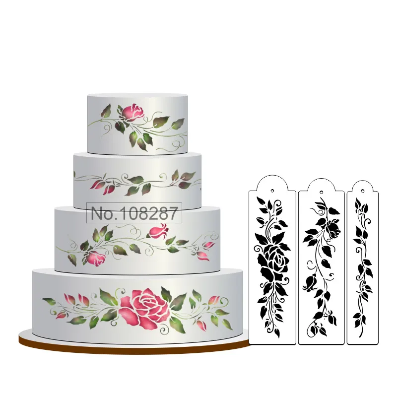 

3pcs/set Rose Cake Stencil Set Flowers Cake Fondant Decorating Stencil Classical Cake Side Decoration Mold Cake Tool