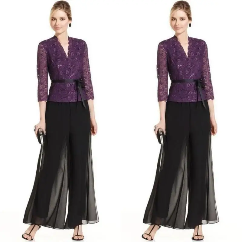 

2019 Two Pieces Mother Of The Bride Dresses Pant Suits Puple Lace Coat Black Chiffon Pant Formal Wedding Guest Dress With Sash