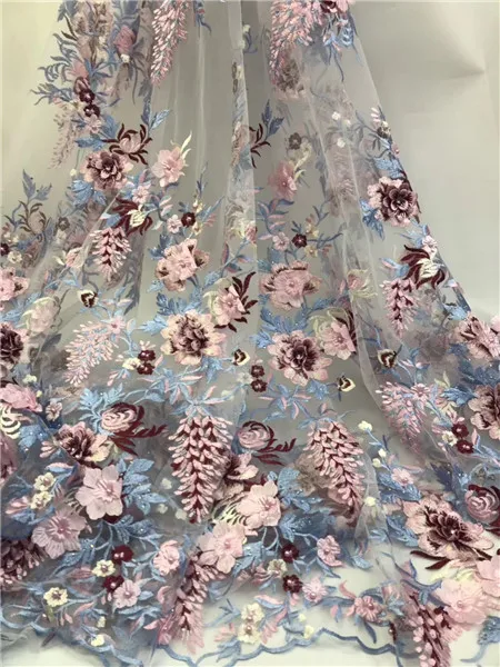 

2019 high quatily french lace fabrics Latest 3 d appliques tulle mesh lace fabric with sequins nigeria lace 5 yards